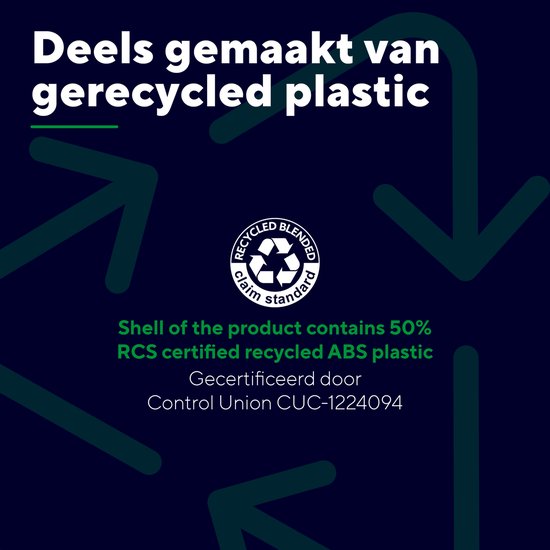 Deels gemaakt van gerecycled plastic. De schaal van het product bevat 50% RCS gecertificeerd gerecycled ABS plastic.