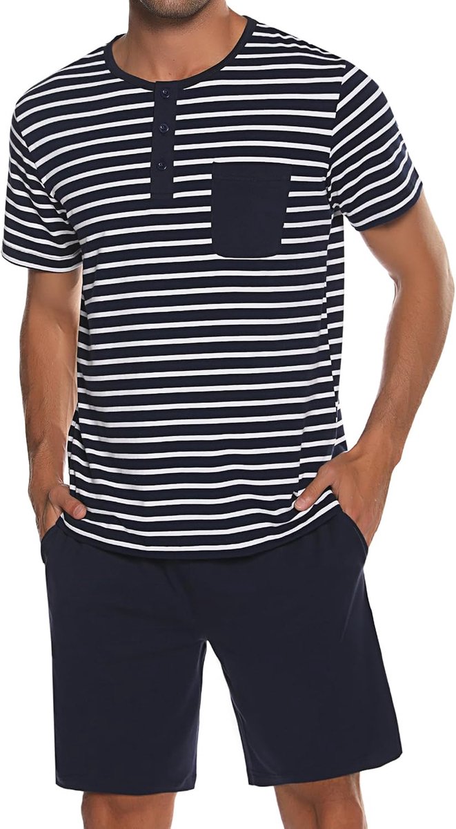 pyjama voor heren, van katoen met contrasterende strepen, zomerpyjamaset, bovendeel en korte broek, vader en partner, groen, L