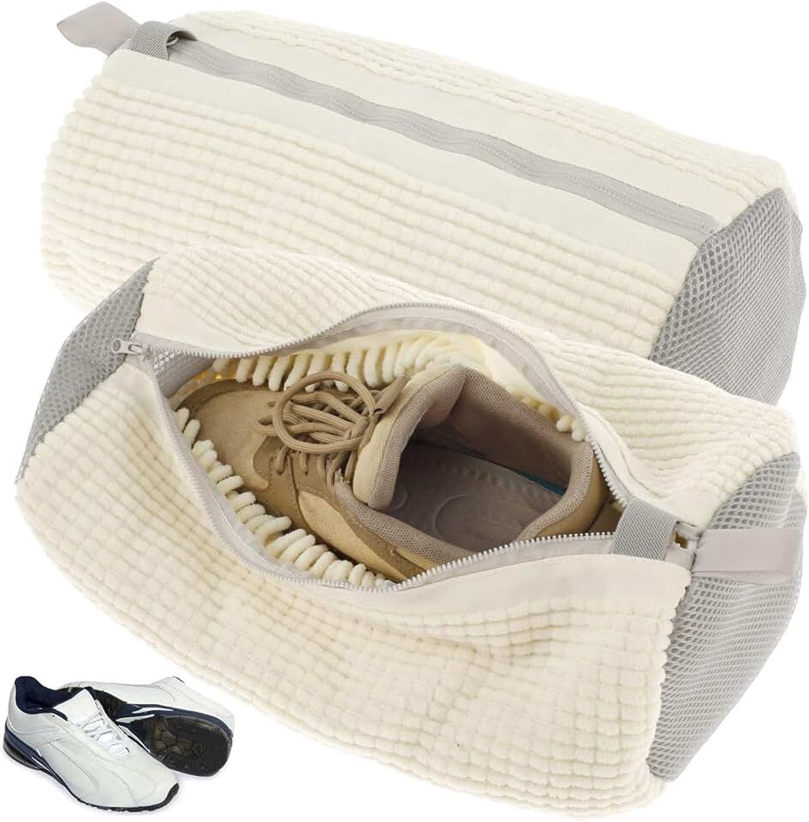 2 stuks schoenenwaszakken, waszakken voor de wasmachine met ritssluiting, herbruikbare netzakken voor schoenen, schoenenwaszak, beschermt schoenen tegen schade (wit)