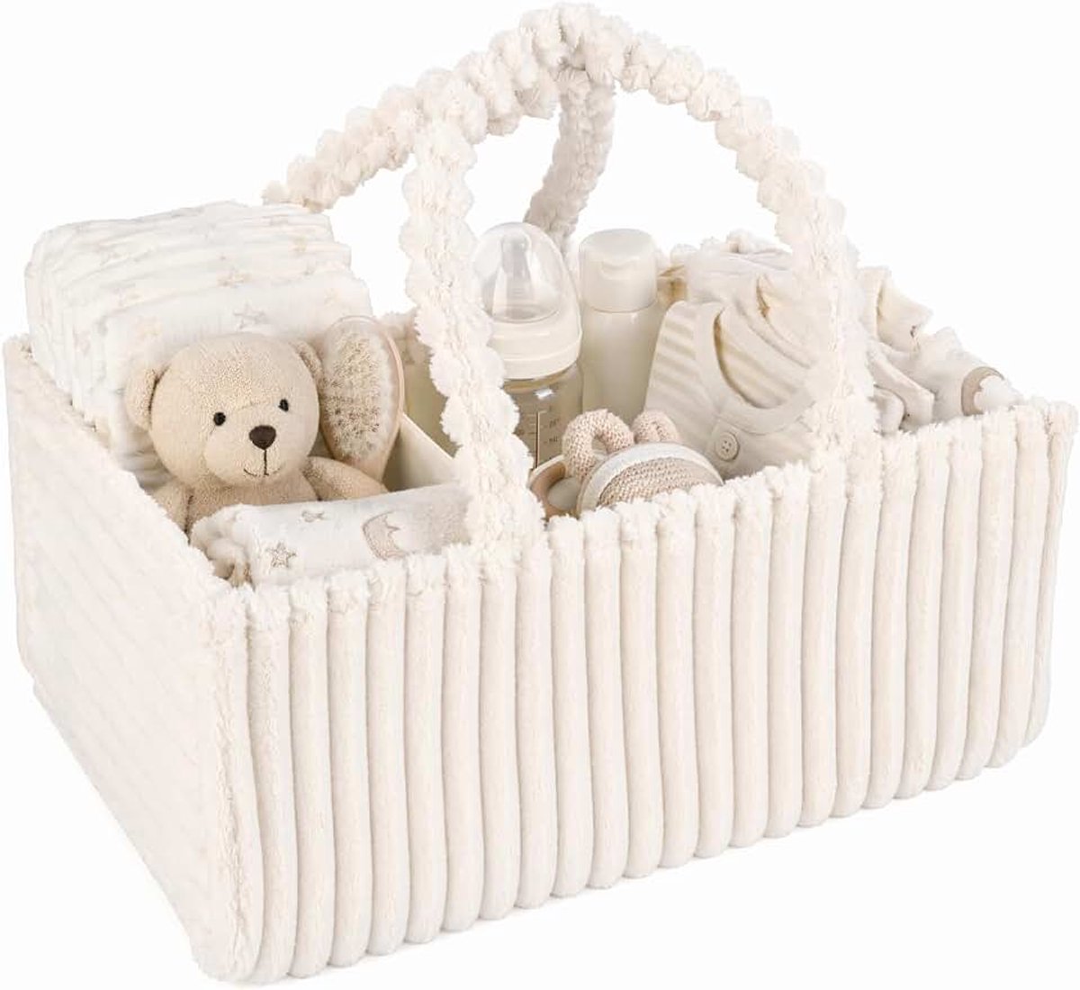 Opbergmand voor baby's, 38 x 25,5 x 18 cm, luierorganizer met handvat, afneembaar vak, draagbare organizer, luiertafel, pluche voor doekjes, luiers, inzetstuk, wit
