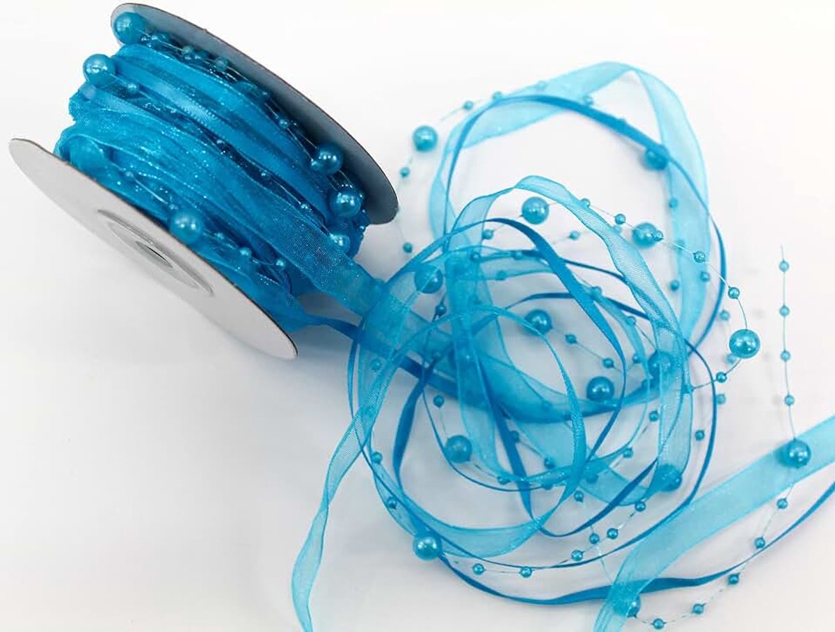 Organza en 4 mm kralen decoratielint trendyband parelband parels aan band (ijsblauw)