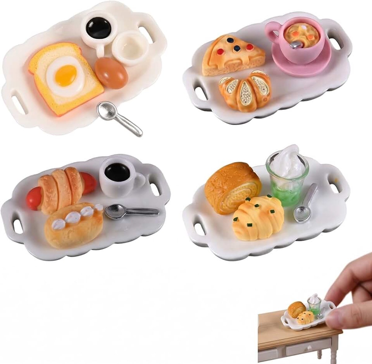 4 sets voor speelgoed, levensmiddelen, speelgoed, keuken, miniatuurontbijt voor poppenhuis, mini-keuken, poppen, ontbijtset met cake en brood