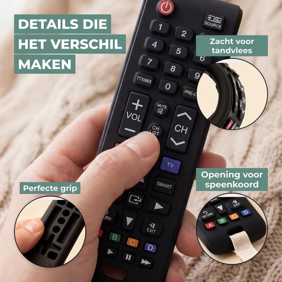 Zwarte siliconen afstandsbediening met zachte tandvlees-veilige randen en een opening voor een koord.