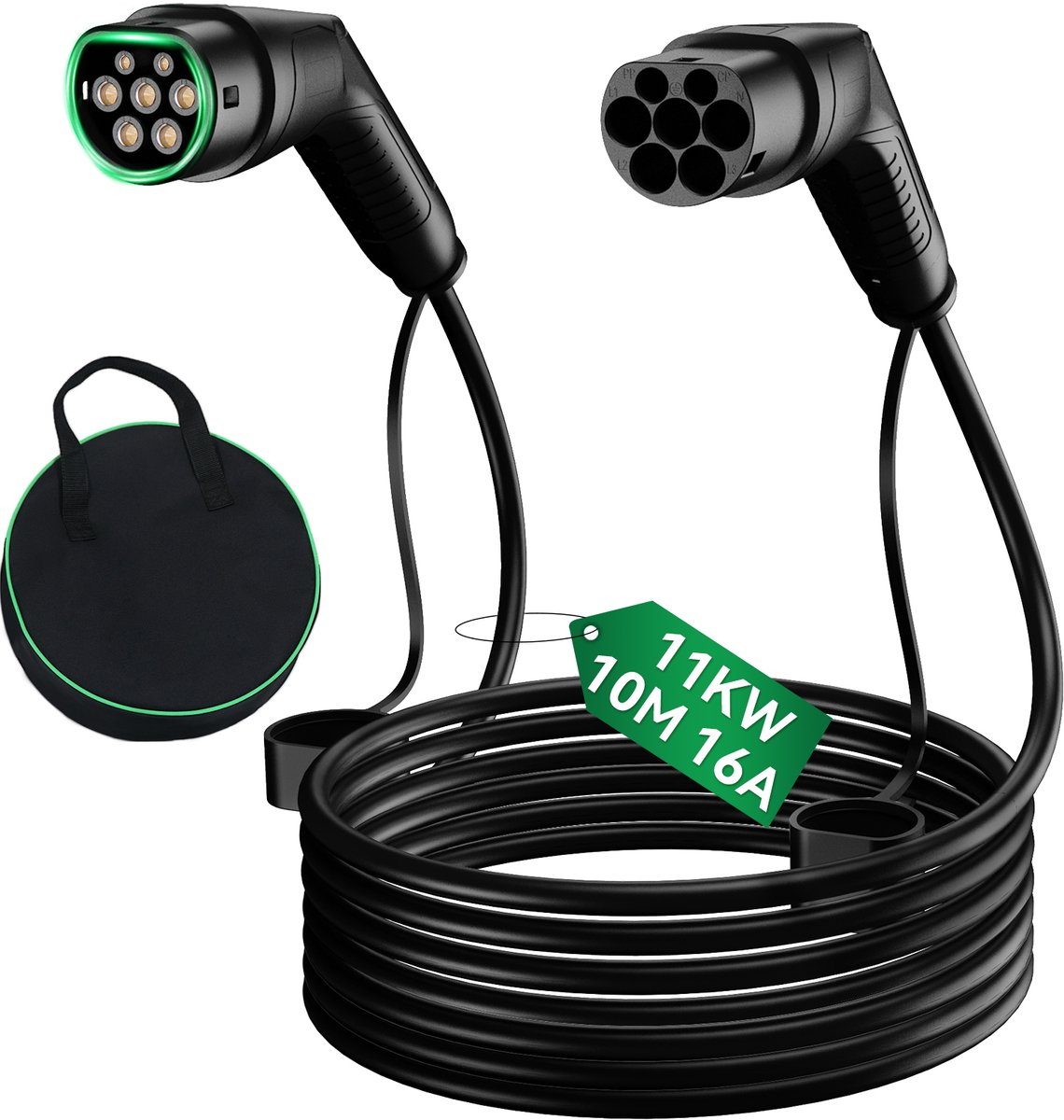 Puluomis - EV-laadkabel Type 2 - 10 Meter - 11kW - 16A - 3 Fase - Auto - EV - Incl. Draagtas