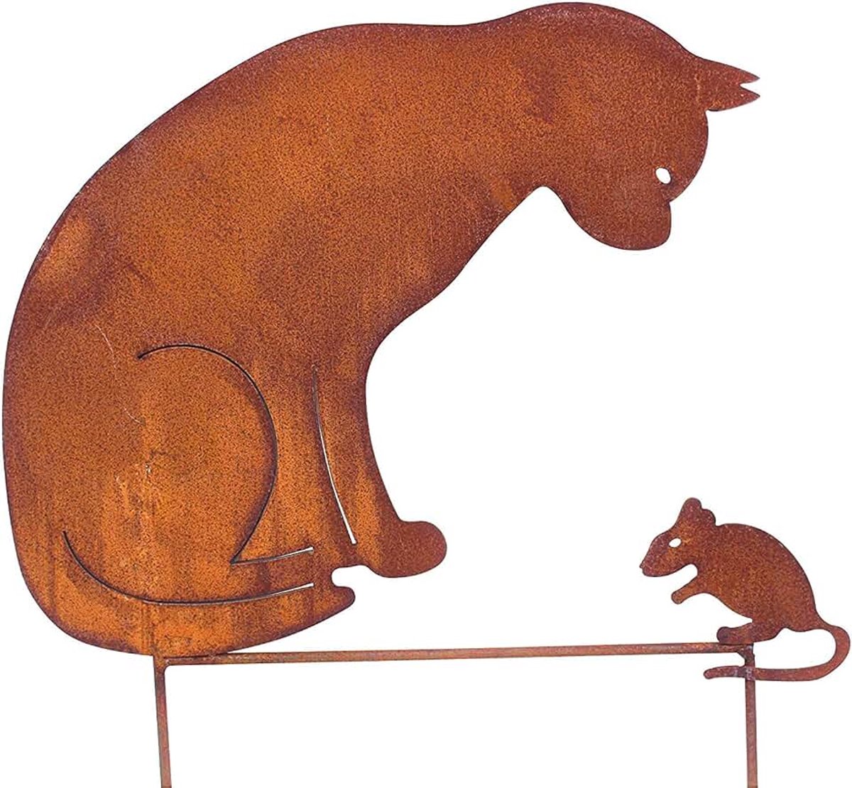 Tuinsteker kat + muis 50 cm hoogte metaal roest tuindecoratie patina