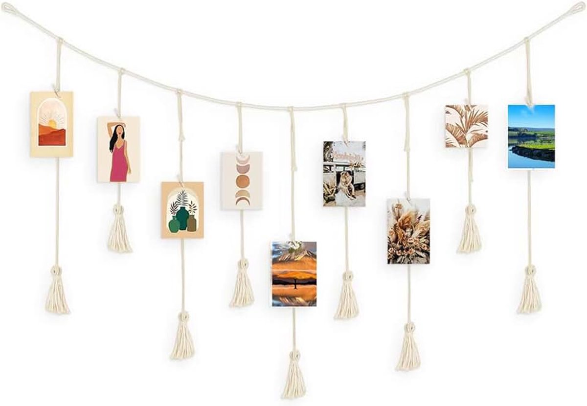 Fototouw om op te hangen, fotowand met clip, fotoorganizer, wandcollage, fototouw met kwast, om op te hangen fotokaarten
