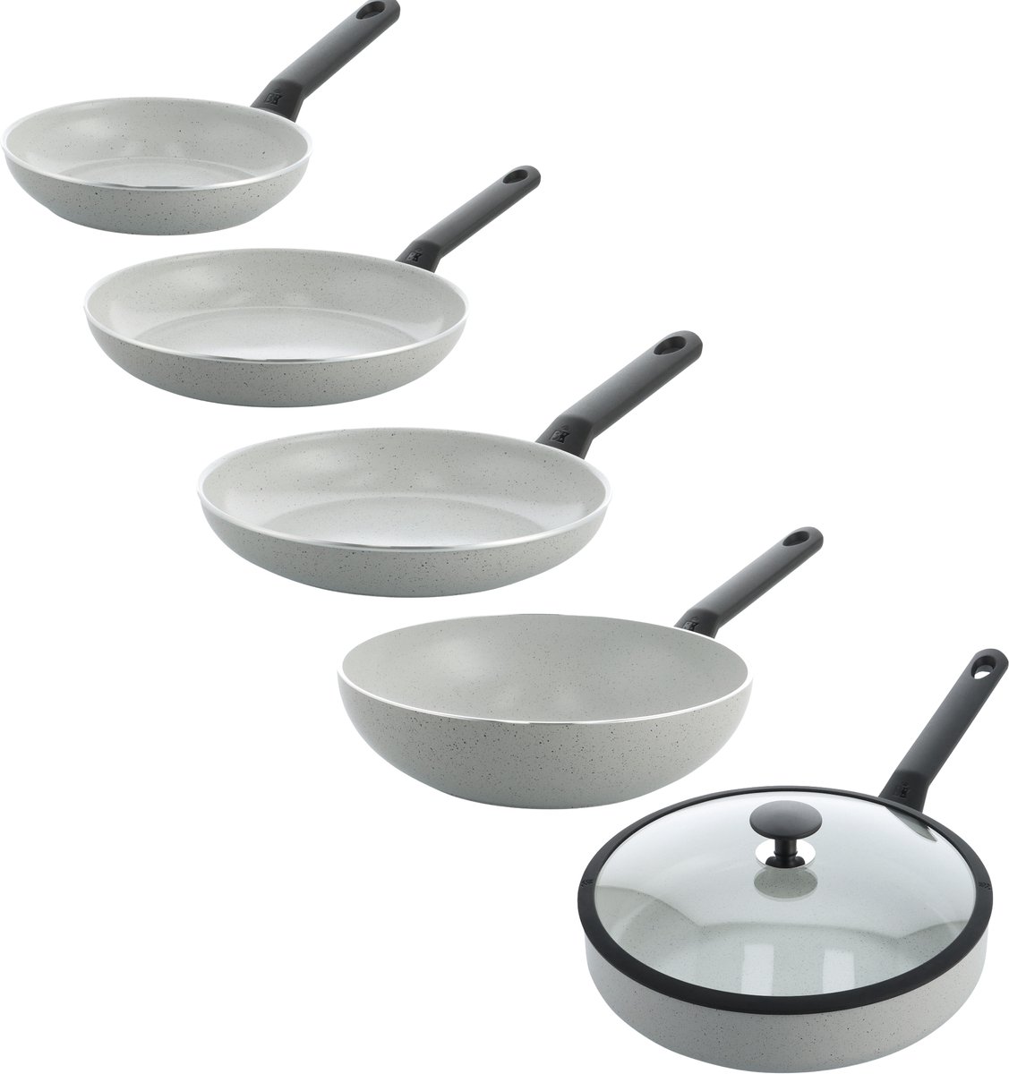 BK Universe Granite Pannenset 5-delig - 20/24/28/28/28 cm - PFAS-vrije antikleeflaag - Inductie pannenset - Koekenpannen + Hapjespan + Wokpan - Ovenbestendig tot 160°C - Koudgrepen - Grijs/Graniet