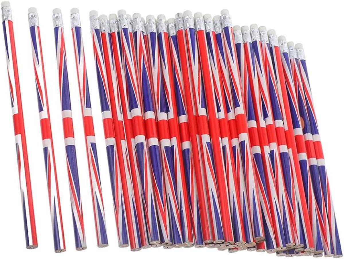 Operitacx 36 potloden voor kinderen in grote verpakking: 19 cm grote, schattige houten potloden met gum opzetstuk, opdruk van de Britse Union Jack-vlag voor scholieren - schrijfgerei voor