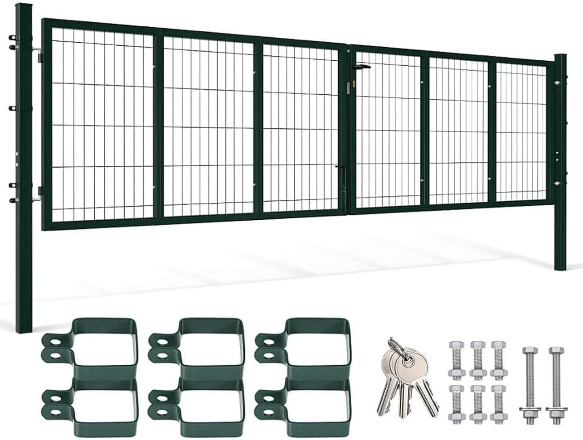 Dubbele vleugelige tuindeur, 350 x 100 cm, vierkante buis, voor landhuis/paardenweiden, voor dubbelstaafmattenhek, groen