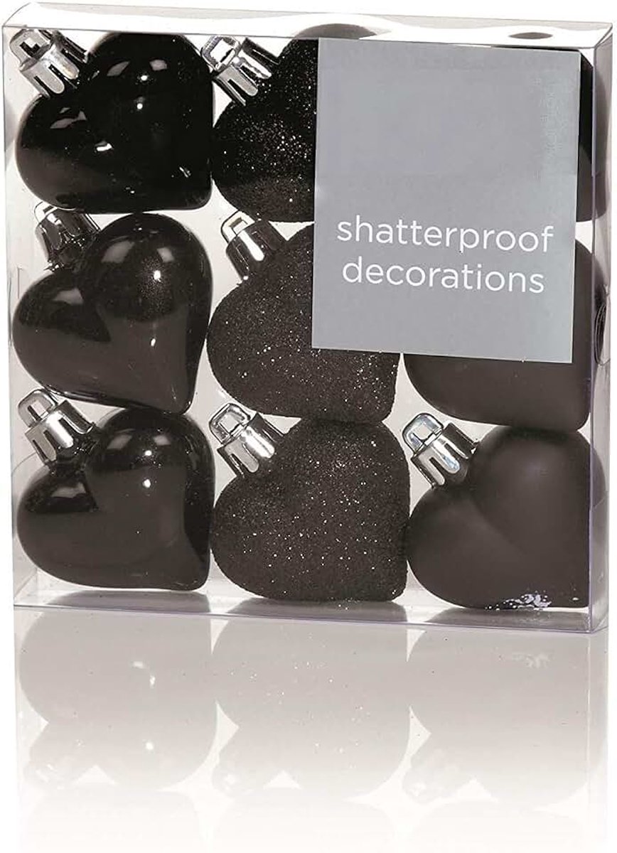 Kerstversiering 9-pack 40 mm multi-finish hart bolletjes - zwart