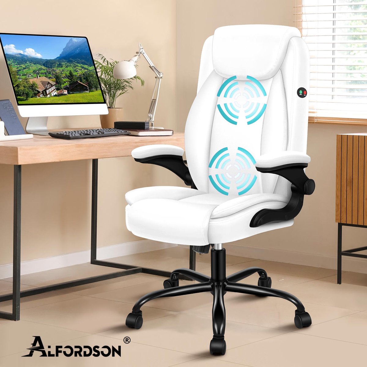 ALFORDSON Bureaustoel, Ergonomische Bureaustoel, Directiestoel, Draaistoel met opklapbare armleuningen, hoogteverstelbaar voor kantoor, belastbaar tot 150 kg, PU-leder, Wit