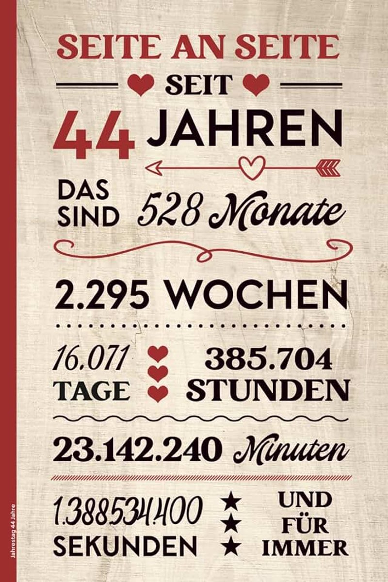 Jahrestag 44 Jahre: Notizbuch SEITE AN SEITE SEIT 44 JAHREN schönes Geschenk zum 44. Hochzeitstag Buch A5 liniert für Notizen und Erinnerungen zum Jubiläum nach Vierundvierzig Jahren Ehe Beziehung