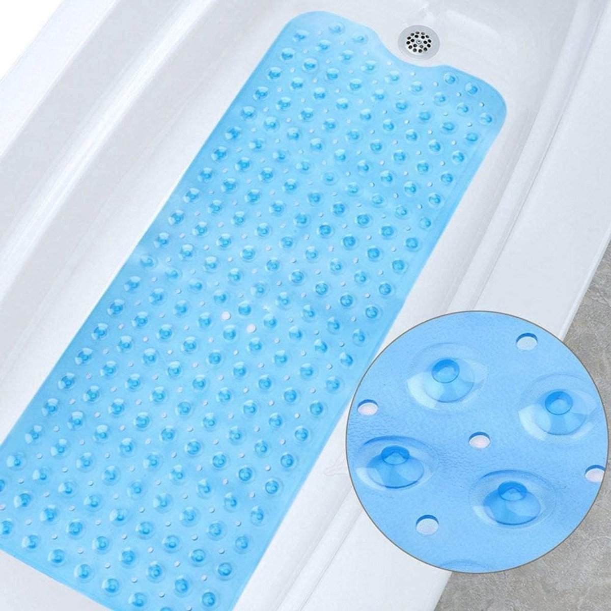Badmat voor de badkuip, extra lang, met afvoergaten en zuignappen, antislip, machinewasbaar, antislip, blauw, 40 x 100 cm