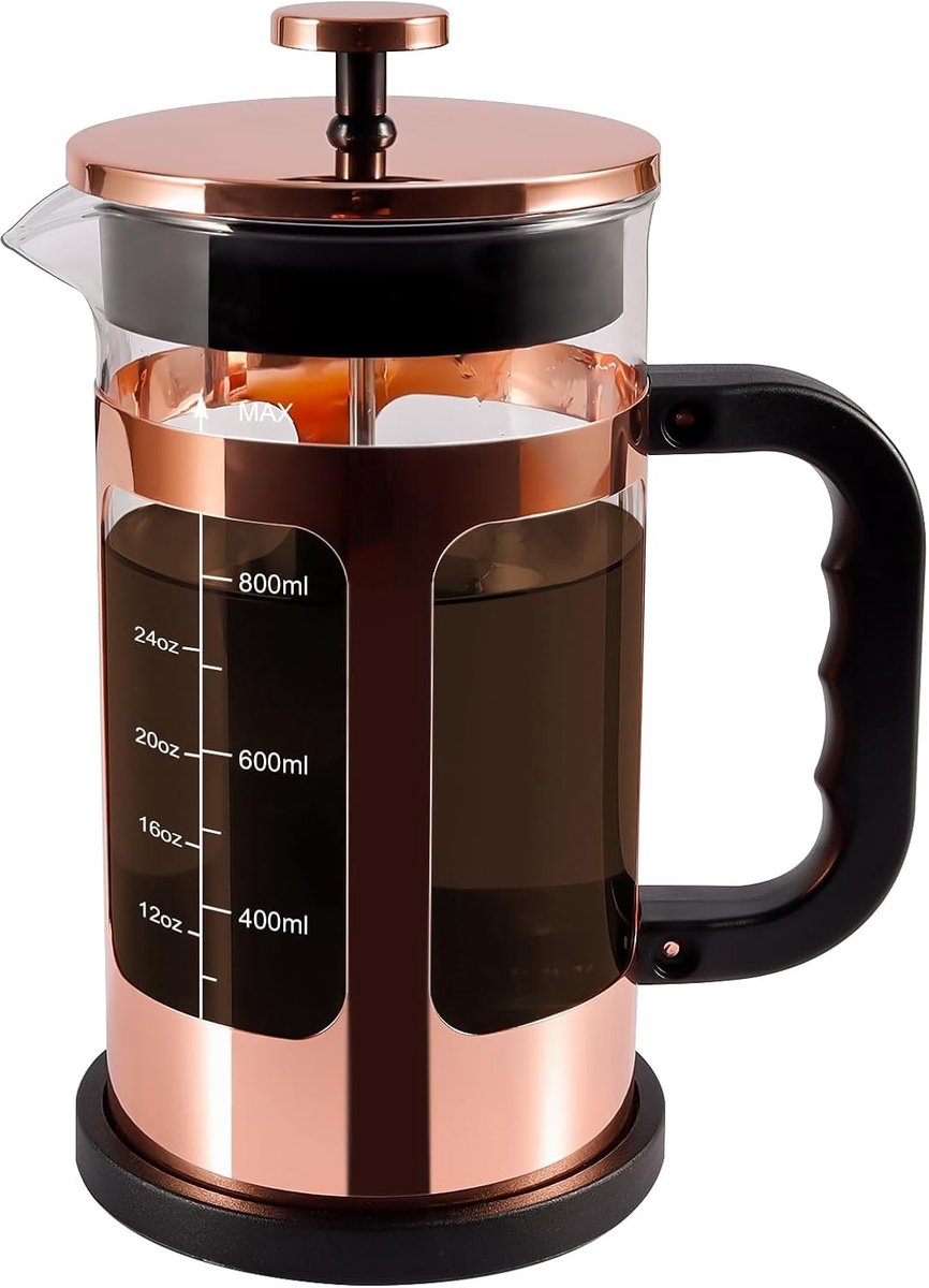 Press Koffie Thee Maker, Upgrade Hittebestendig Verdikt Glas met 4 Niveaus Roestvrij Staal Filtratie Systeem Brew Koffie & Thee, BPA-vrij, Grote 1000ml 34 Oz, Rose Goud
