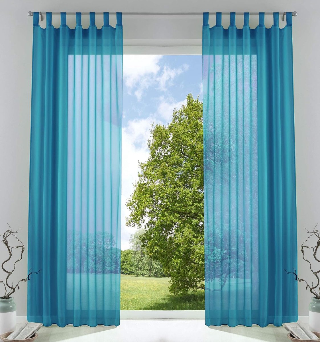 Set van 2 gordijnen, transparant, voor de woonkamer, voile met loodband, H x B 225 x 140 cm, turquoise, 61000CN