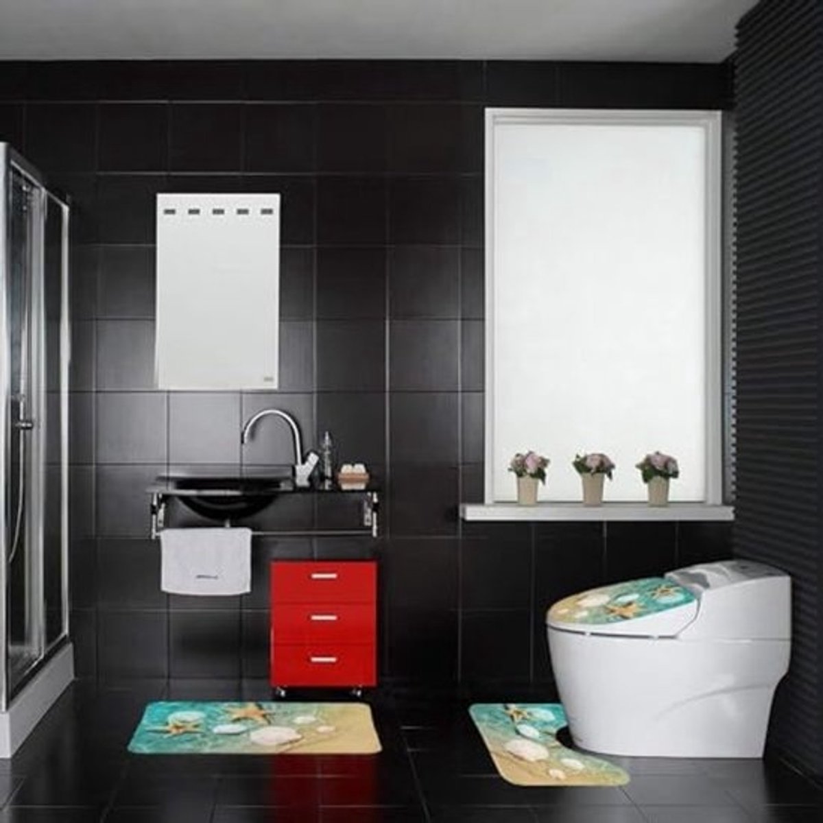 Badkamermatset 3-delig - Antislip Badmat en Toiletdeksel met Uniek Strand Design