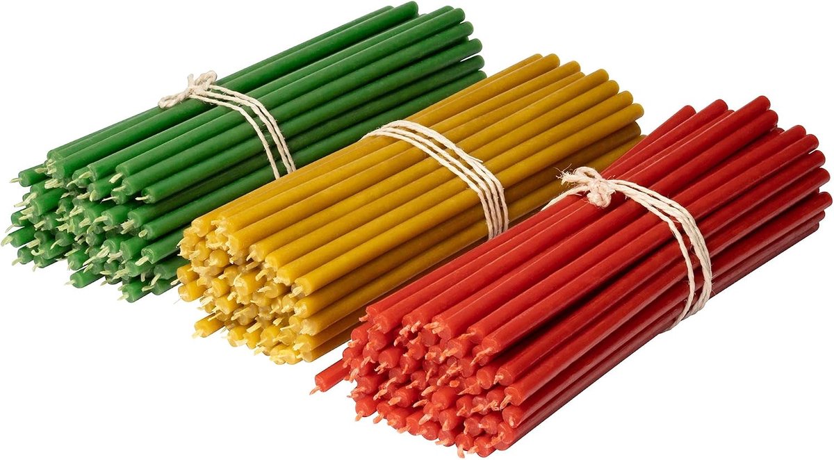 Kerkelijke bijenwaskaarsen, 80 - 150 stuks, hoogwaardige rituele kaarsen, L-18,5 cm Ø 6,1 mm, 60 minuten brandduur in geel, rood, groen, 750 g, dunne kaarsen, druppel- en rookvrij