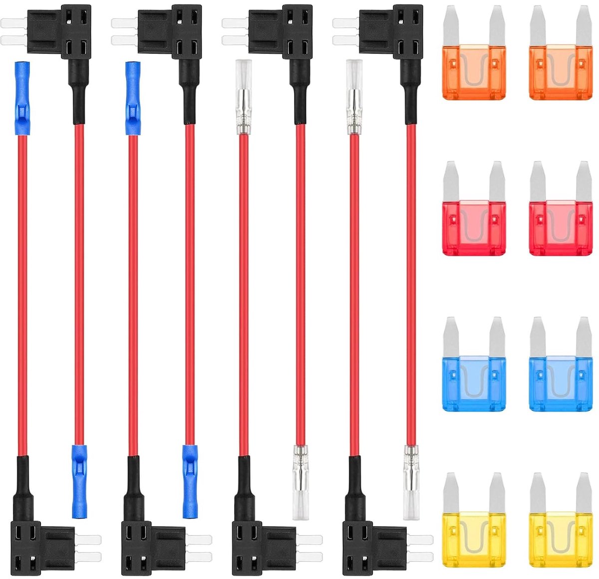 Mini zekeringkraan Piggy Back zekeringhouders 12V adapter voeg een circuit toe met MINI Blade zekeringen 5A 10A 15A 20A voor auto's (Pack van 8 stuks)