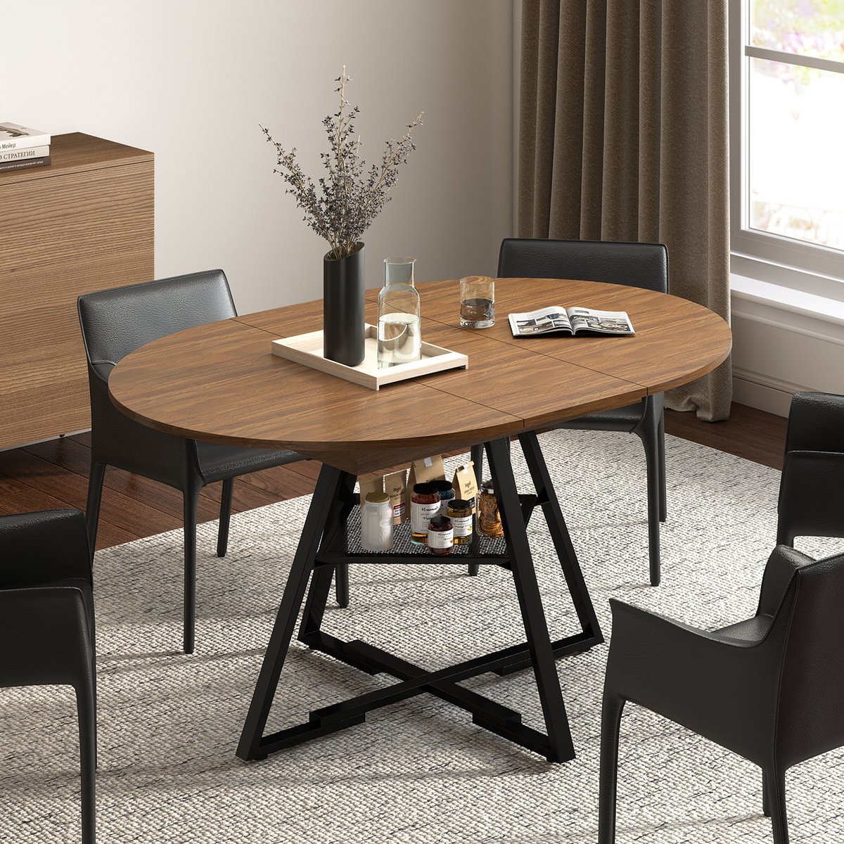 Puluomis - Uitschuifbare Eettafel - 100-130 x 100 cm - Keukentafel - met metalen poten - Opbergplank - rond tafelblad voor 4–6 personen - Industrieel design - bruin