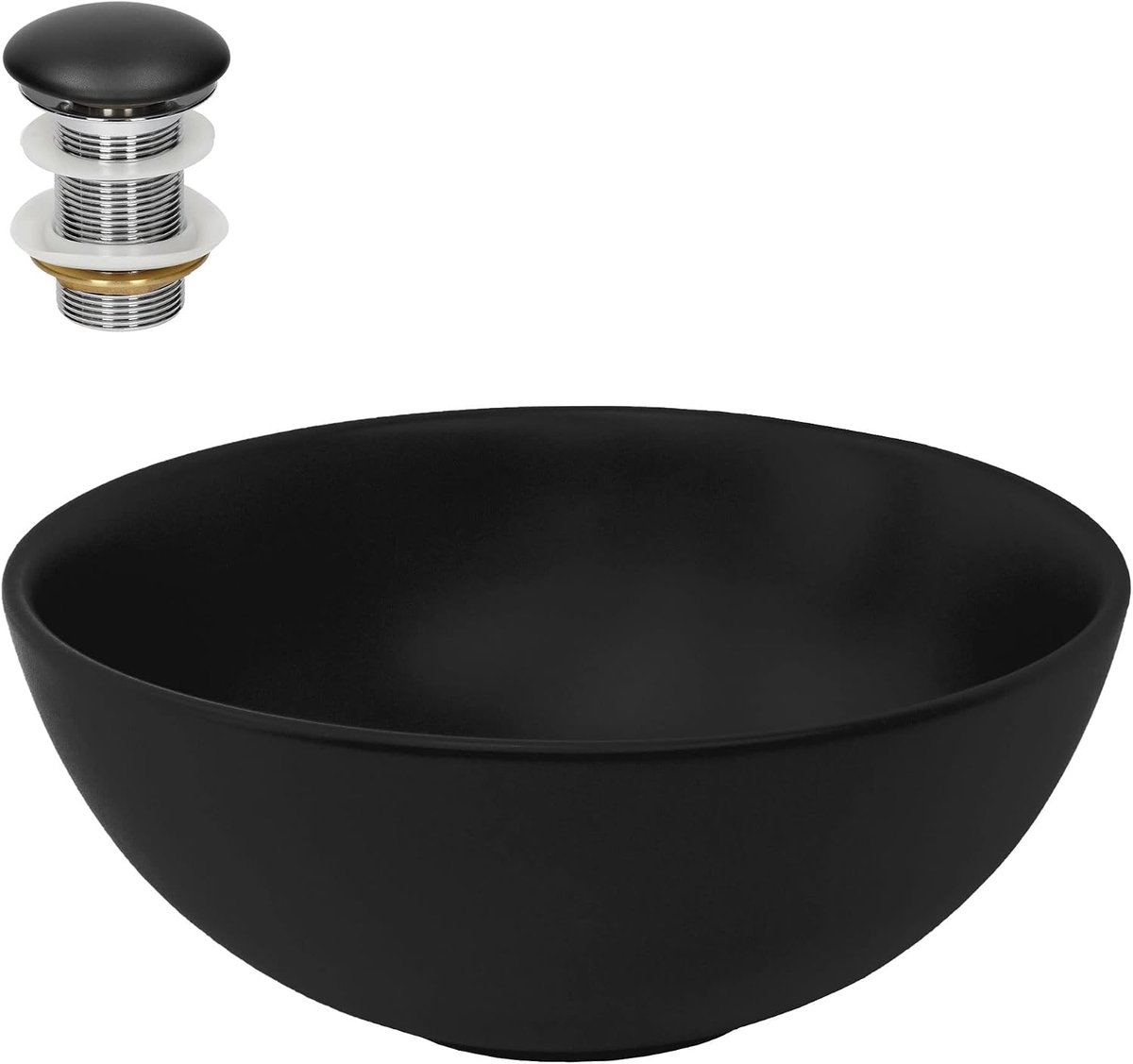 Keramische Wasbak Zwart Mat Ø32x13,5cm Rond incl. afvoergarnituur zonder overloop, Moderne Aanrechtwasbak Waskom Handwasbak, voor Badkamer/Gastentoilet