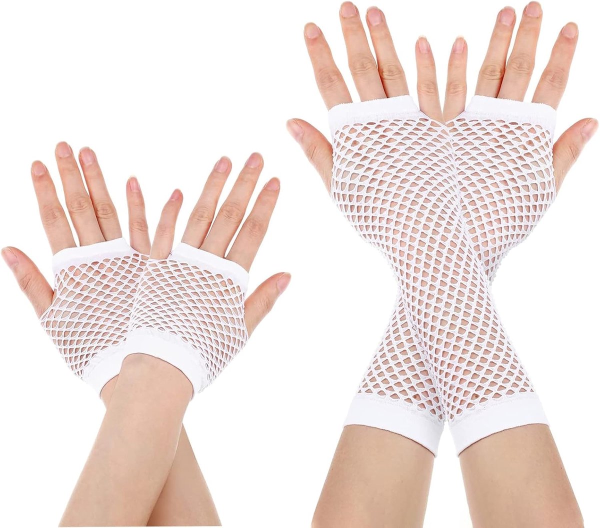 Handschoenen, 2 paar lange en korte nethandschoenen, zwart, vingerloze nethandschoenen, avondhandschoenen voor dames, voor verkleedpartijen, kostuums, feestartikelen