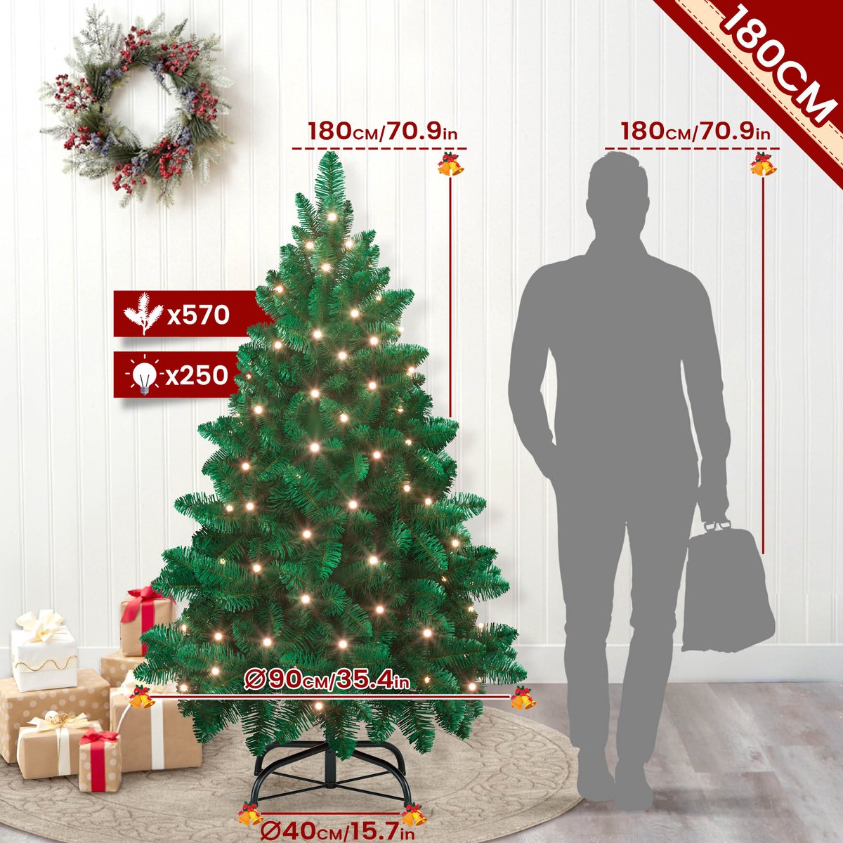 LED Kerstboom 180cm Met Warmwitte Lampjes 8 Lichtmodi Automatisch Opvouwbaar IP44 Binnen Kerstdecoratie Met Standaard – foto 3