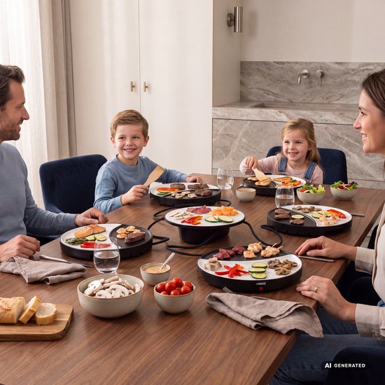 Een gezin van vier geniet van een gourmetmaaltijd aan een houten tafel, met gourmetstellen en diverse ingrediënten.