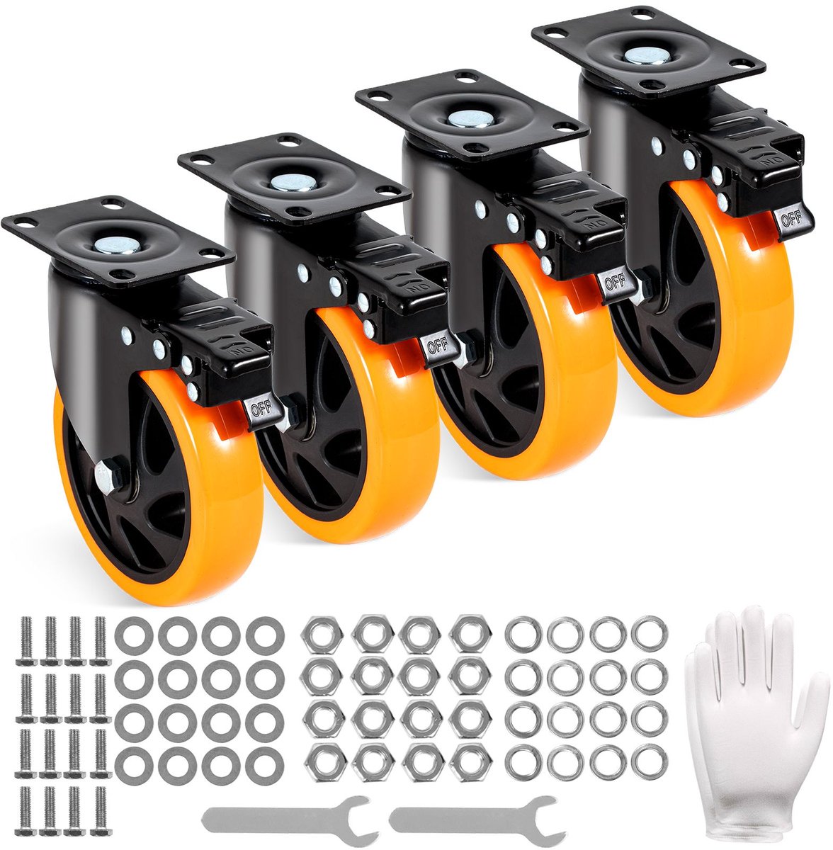 Zwenkwielen, 12,7 cm zwenkwielen met plaatbevestiging, set van 4, met A/B-beveiligingsvergrendeling, geluidsarme PVC-wielen, zware uitvoering, draagvermogen van 204,1 kg per wiel, laten geen strepen achter voor karren, meubels en werkbanken.