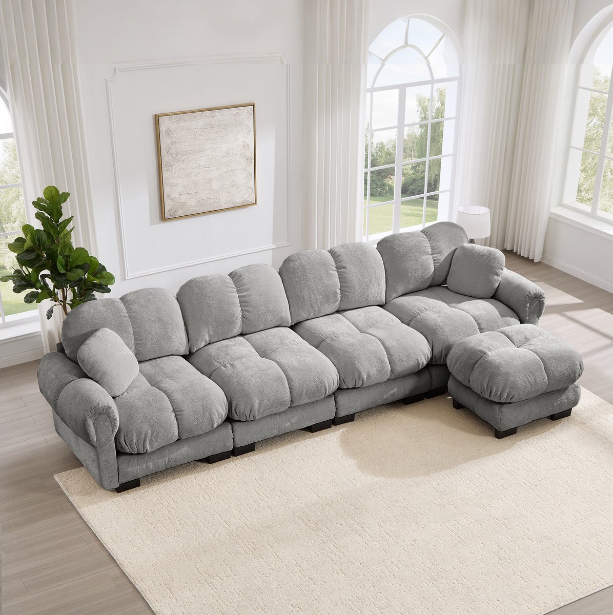 MODFU Modulaire Hoekbank - L-Vorm - Gestikt Patroon - Chenille - Lichtgrijs - 330 X 149 X 90 Cm