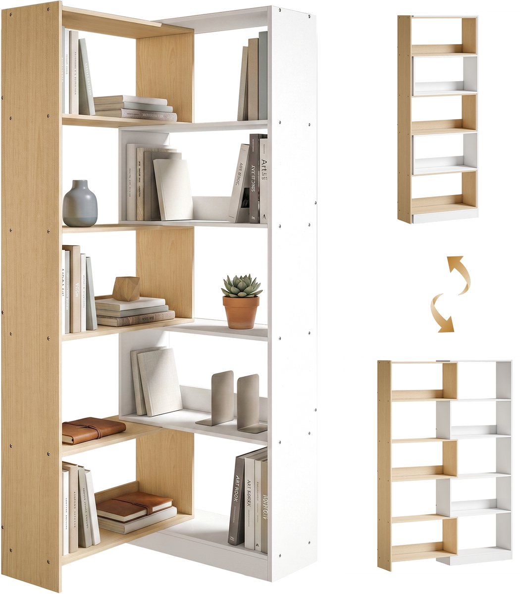 TEKROA® Boekenkasten - Boekenkast - Hoekboekenkast - 5 planken - 350° draaibaar ontwerp - Fruity Wood/Wit