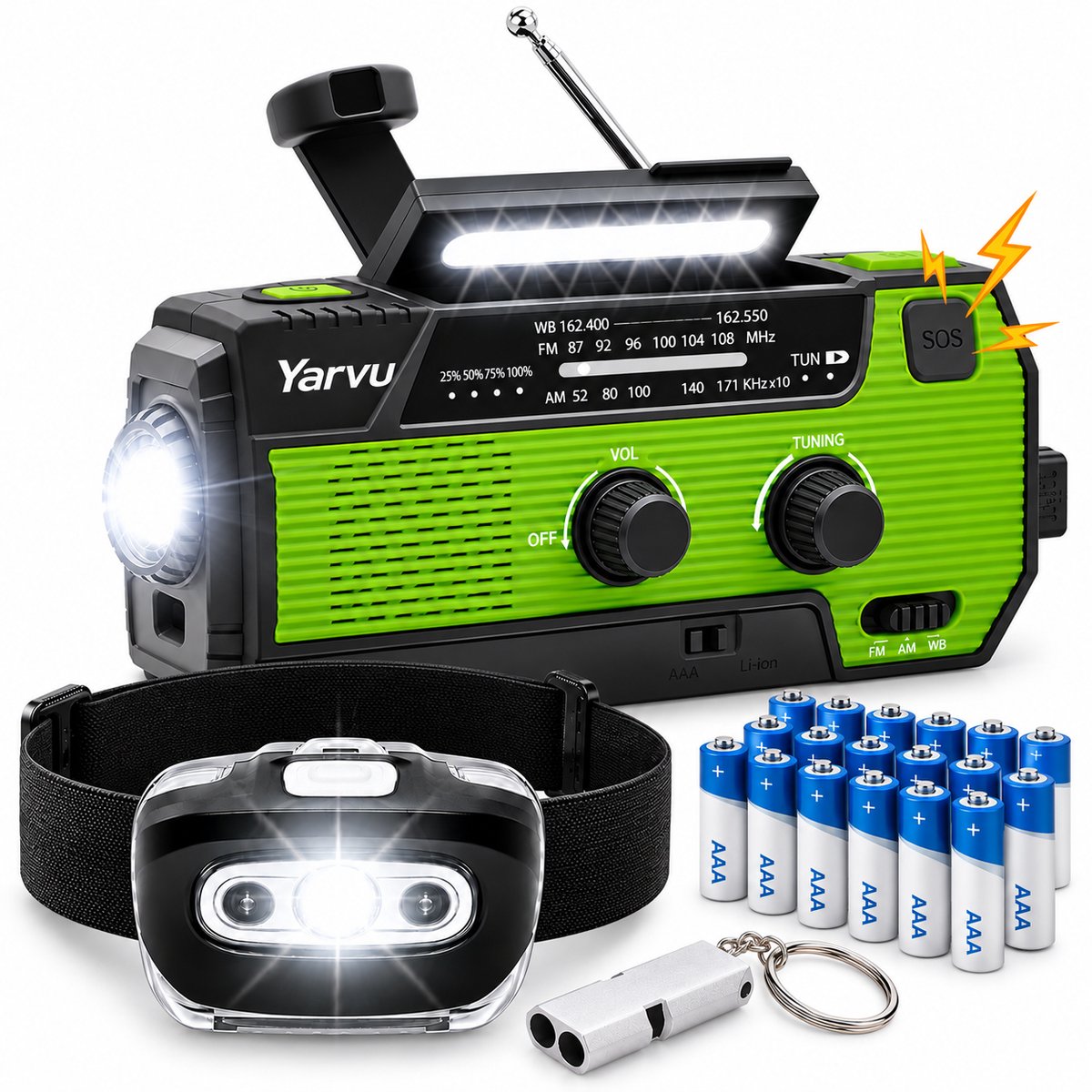 Noodpakket - Noodradio op Batterijen + HoofdLamp LED op Batterijen + 16 Pack aaa Batterijen + Noodfluit - Noodpakket - 6 in 1 Nood Radio - Nood Pakket - Groen