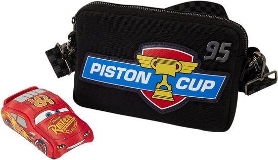 Sac bandoulière noir avec logo Piston Cup et un petit portefeuille Lightning McQueen.