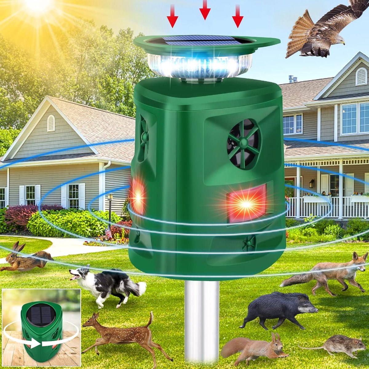 Deze op zonne-energie werkende ultrasone ongediertebestrijder kan dieren zoals eekhoorns, herten en katten afschrikken. Het is een 360° ongediertebestrijder voor buiten met een IP66 waterdichtheidsclassificatie en bewegingsdetectie.