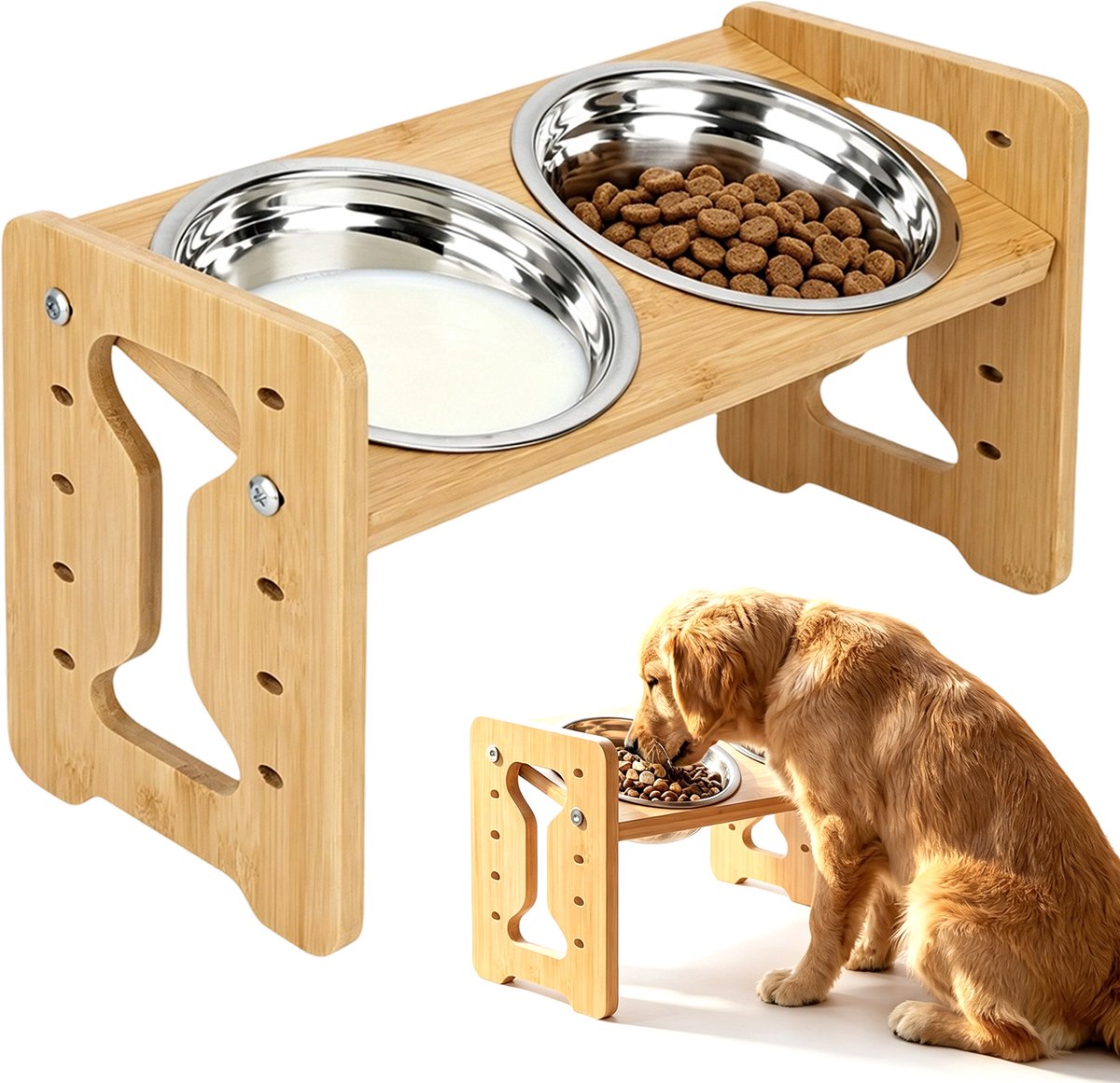 Verhoogde Voerbak - Voerbakken Voor Huisdieren - Kattenvoerbak - Hondenvoerbak - Hoogte Verstelbaar - 15° Helling - 2 RVS Kommen - Vermindert Nekdruk - 33x19,5x16,2 cm - Voerstandaard - Voor Kleine Honden & Katten