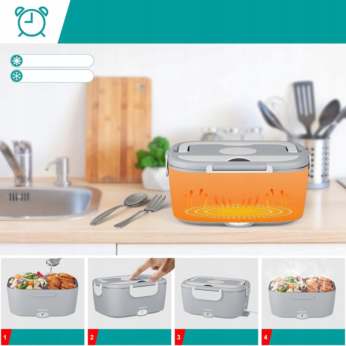 Elektrische Lunchbox - Verwarmde Bento Box - Thermos Lunchbox - Autolunchbox Elektrisch - 1,5L - RVS Binnenbak - Lekvrij - 12V/24V/220V - met Isolatietas & Bestek - Draagbare Broodtrommel - Voor Auto & Thuis & Kantoor — cadeau in Kookcadeaus - foto 6