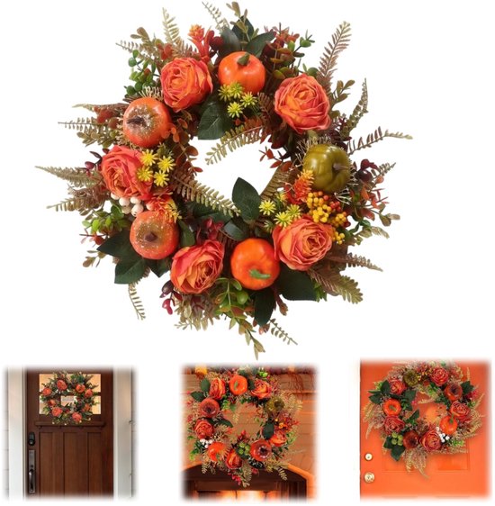 Herfstkrans met oranje rozen en pompoenen, ook te zien aan een houten deur en een oranje deur.