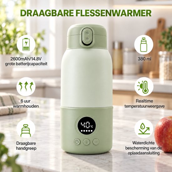 Nexeli NX-MW-02 Draagbare Flessenwarmer – 380 ml – 100W – 10.400 mAh – 45W Snelladen – Melkverwarmer voor Baby – Voor Thuis & Onderweg – Lichtgroen — afbeelding 2