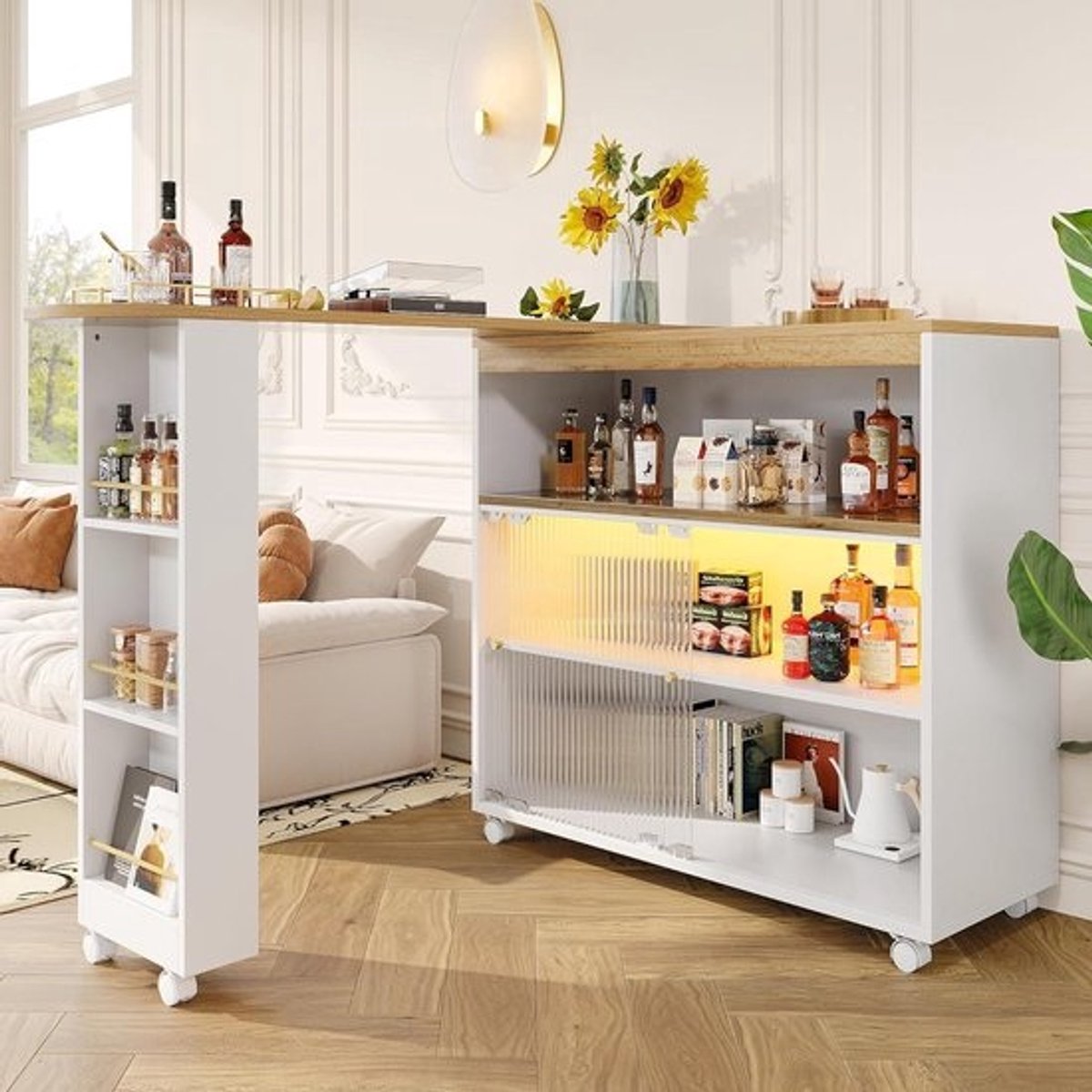 Uittrekbare bartafel - Hoge keukentafel - Ruimte besparen - Ingebouwde LED strip - 138-204 cm lengte - Wit