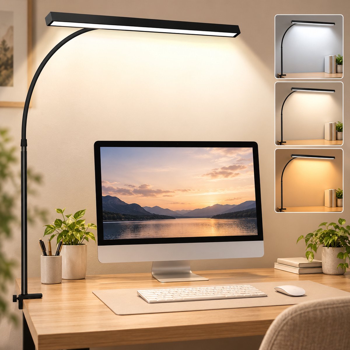 MUPOO Bureaulamp LED Dimbaar - Leeslamp met 40 cm Brede Lampkop & 70 cm 360° Flexibele Zwanenhals - Werklamp met 3 Lichtkleuren & 10 Helderheidsstanden - Hobbylamp voor Kantoor, Studie, Tekenen, Naaien en Handwerk - USB Voeding