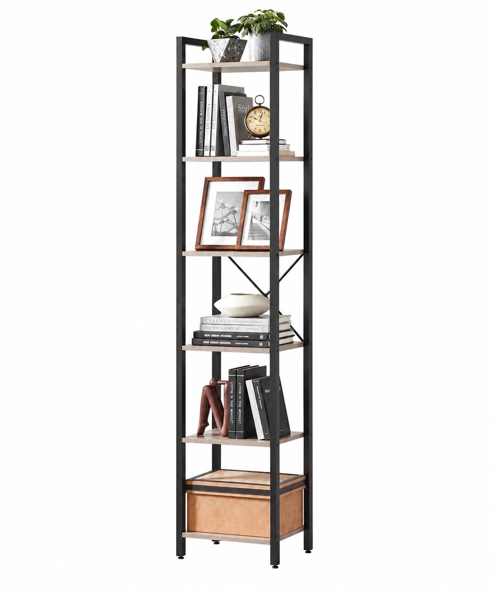 Vurnomi Boekenkast - Boekenrek - Stellingkast - Boekhouder - Industriële kast - Opbergmeubel - Boekentoren - Stalen frame - Bruin