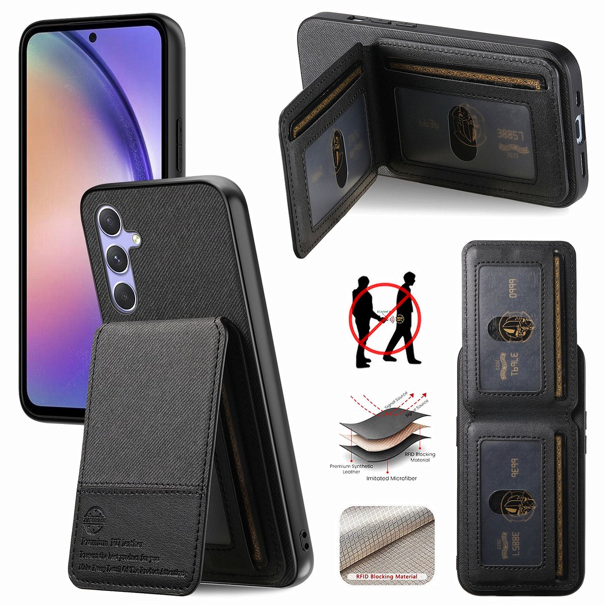 Luxe Backcover met Anti-RFID Kaarthouder en Standaardfunctie voor Galaxy A17 4G/5G _ Zwart