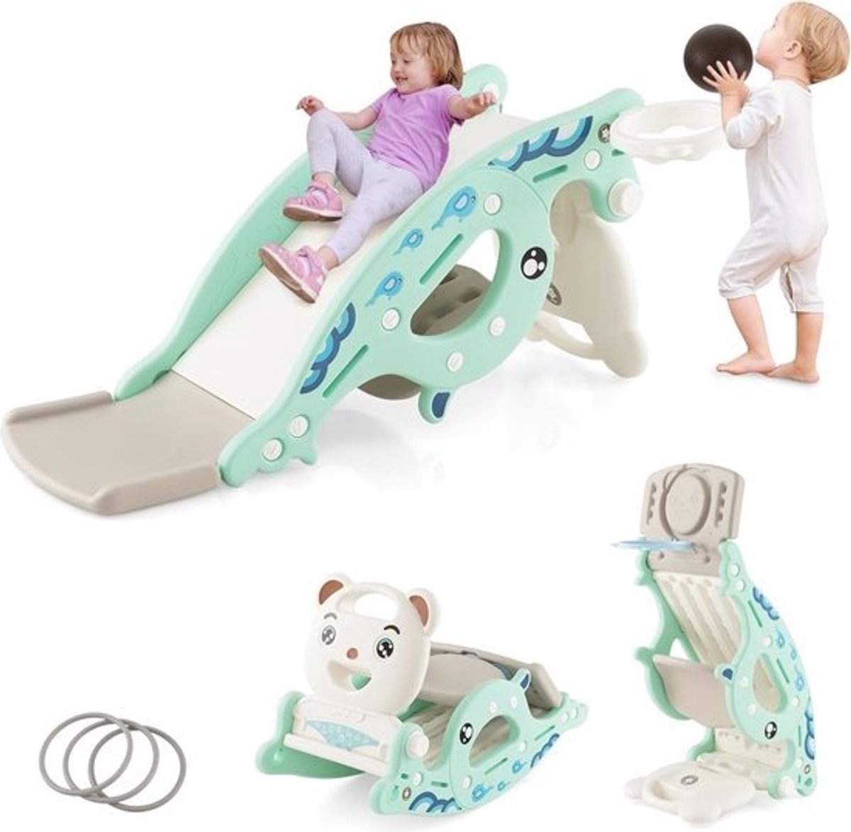 4-in-1 Kinderglijbaan met Hobbelpaard en Basketbalmand voor Peuters