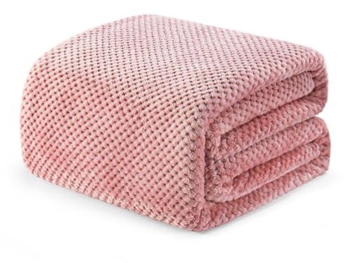 Pluizige Fleecedeken met Wafelpatroon – Zachte en Warme Woondeken voor Bank en Bed – 220 x 240 cm, Roze