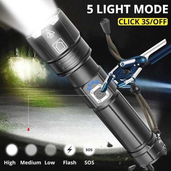 20.000 Lumen Oplaadbare Tactische Zaklamp - Waterdicht, Zoombaar en Met Vermogensweergave — afbeelding 2