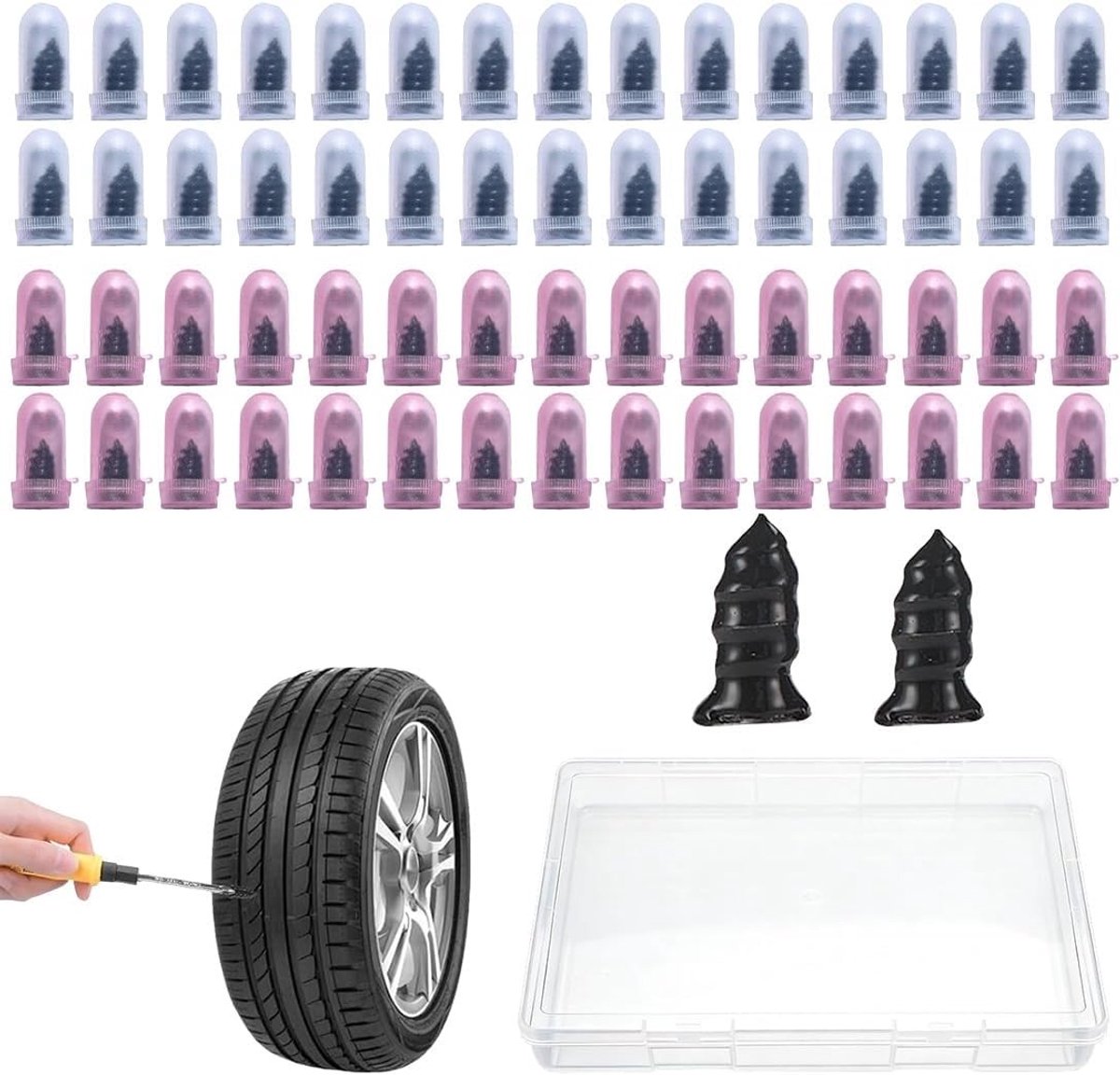 Bandenreparatieset auto - Zwart - 60 stuks - Rubberen Schroeven met Schroevendraaier - Voor Noodreparatie van Tubeless Banden