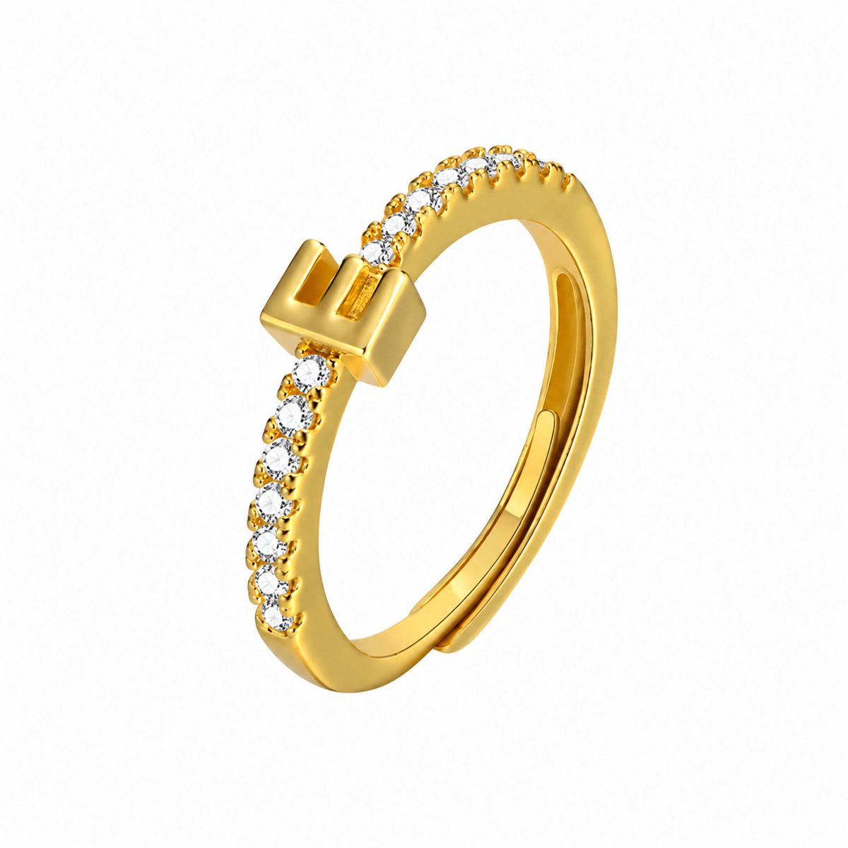 Matthew Studio® Initiaal Ring E - 925 Sterling Zilver - Goudkleurig - Verstelbare Letter Ring met Zirkonia Steentjes