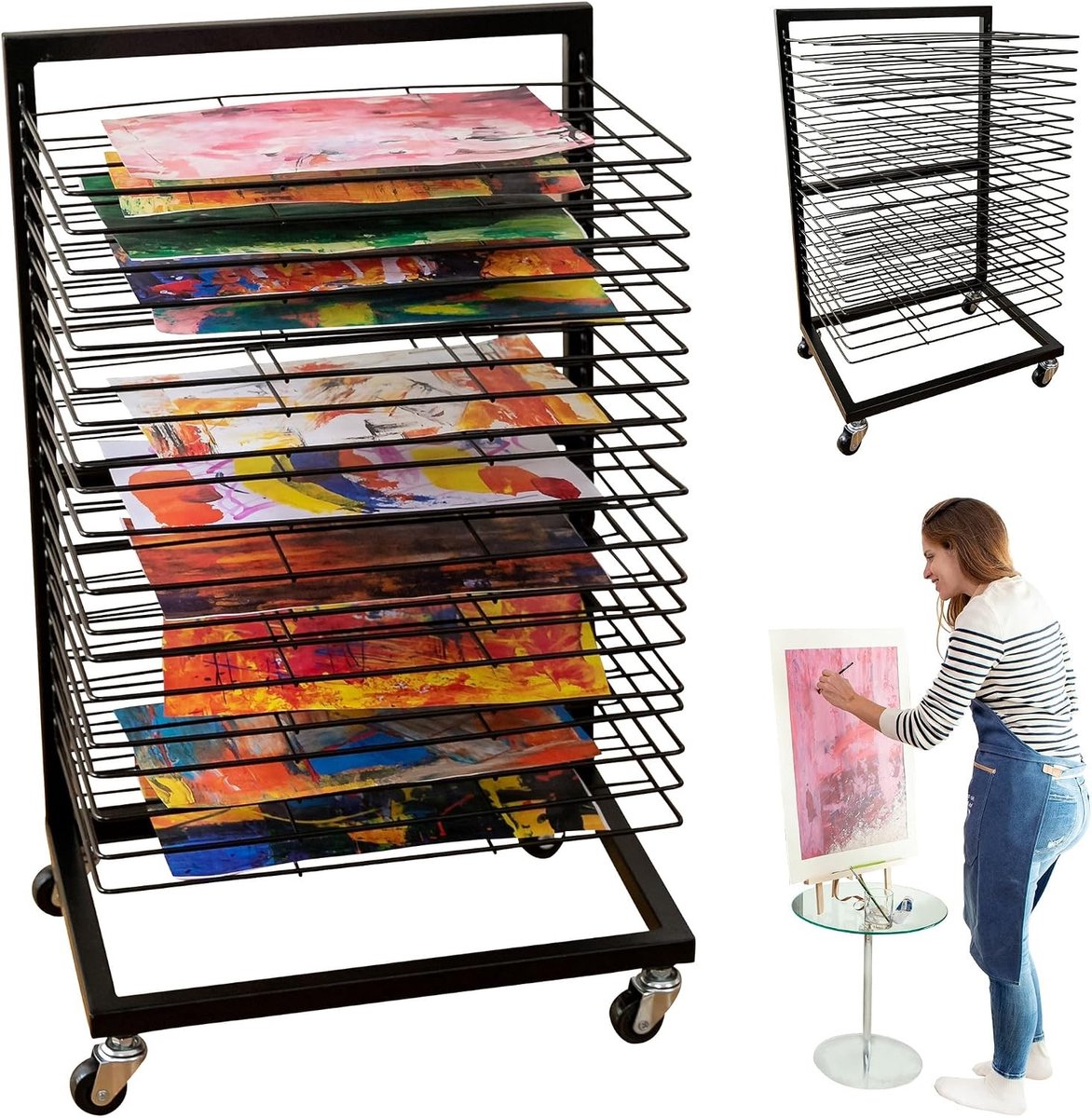 Droogrek - Metaal - 65 x 40,6 x 30,5 cm - Mobiel Kunst Droogrek met 19 Uitneembare Schappen - Voor Klaslokaal en Atelier