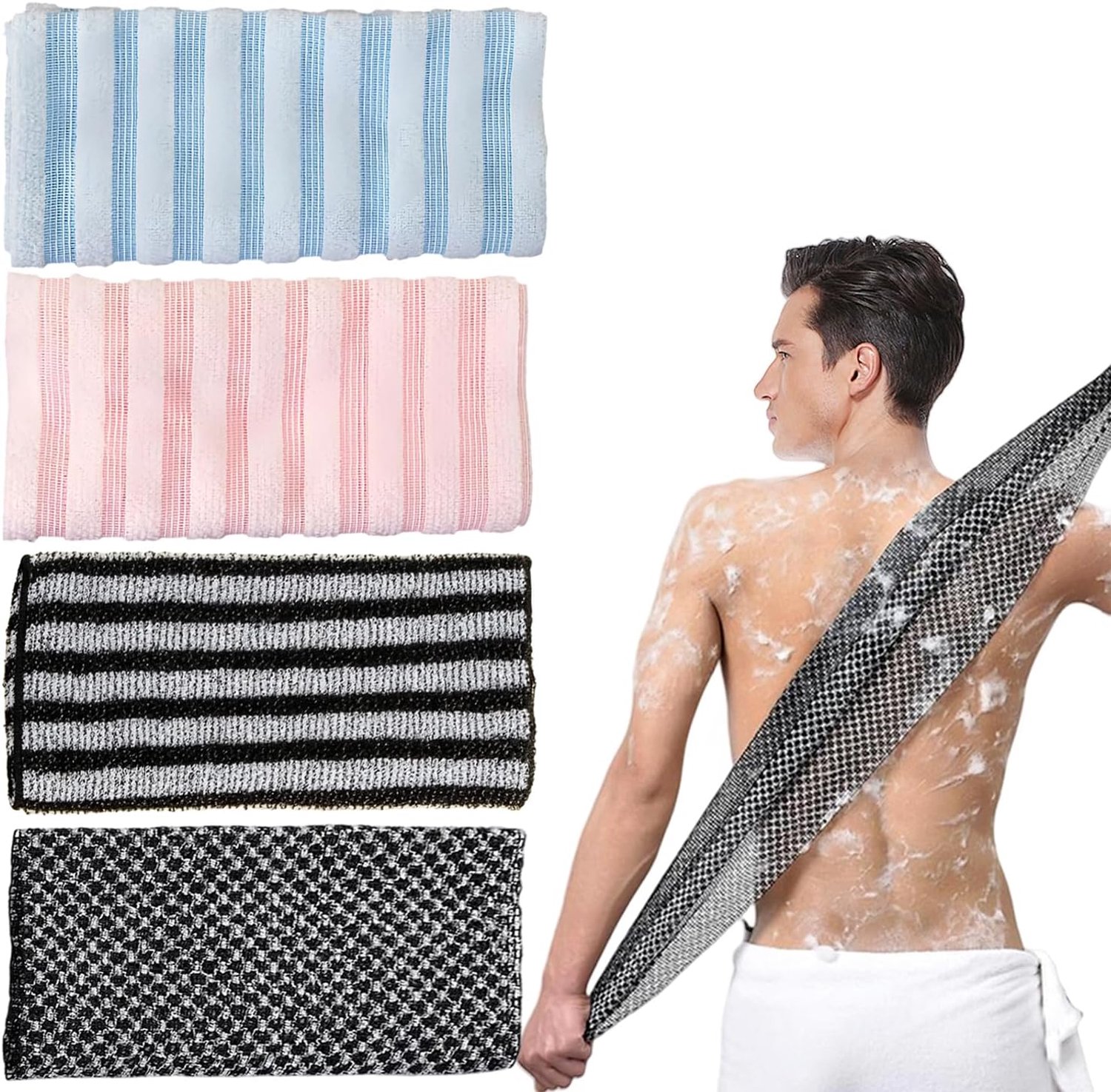 Exfoliërende handdoekenset 4-delig - zwart, roze, blauw - antibacterieel - voor dode huidverwijdering - m-winkel