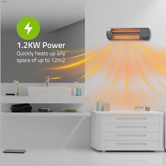 Grijze infraroodkachel aan badkamermuur, 1,2kW vermogen voor ruimtes tot 12m2.