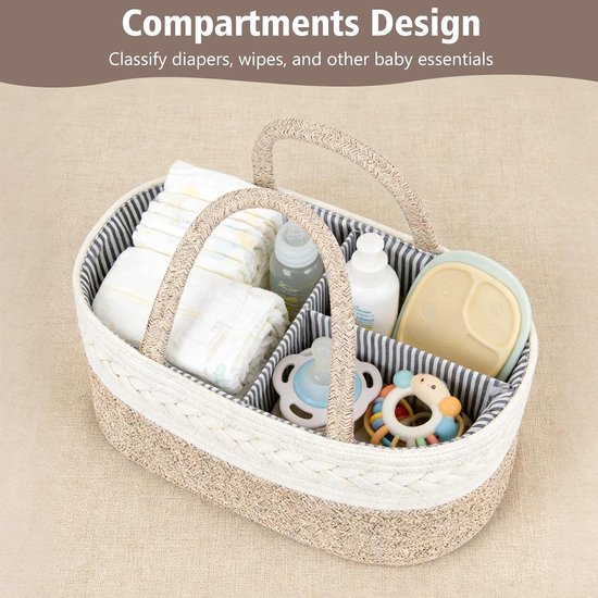Kraammand - Baby Luierorganizer - Met meerdere vakken - Babyshower Kraamcadeau voor Meisje of Jongen - Praktische Katoenen Touw Mand 38 x 25 x 17 cm — afbeelding 3